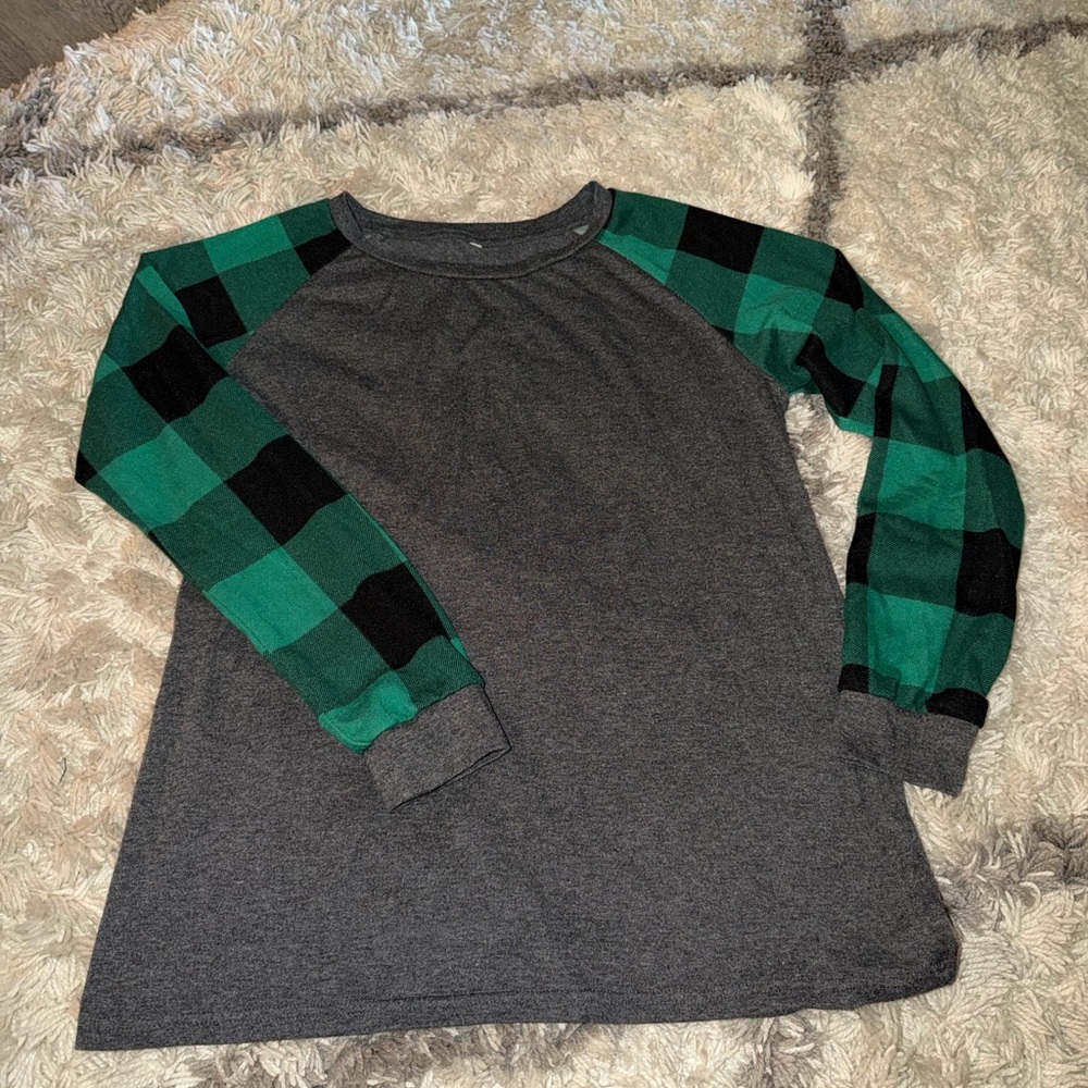Plaid Sleeve Women’s Pajama Shirt - Gray and Green